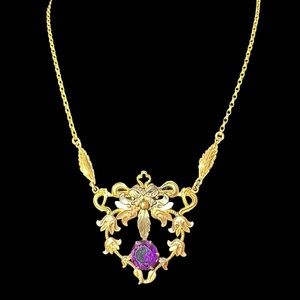 Edwardian Victorian Antique Gold Filled Amethyst Glass Mourning Jewelry Necklace